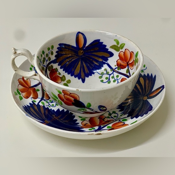 19th Century Antique Gaudy Welsh Butterfly Pattern Hand Painted Cup & Saucer Set - Picture 1 of 15